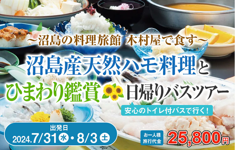 本場沼島の料理旅館木村屋で食す！沼島産天然ハモ料理とひまわり観賞日帰りバスツアー